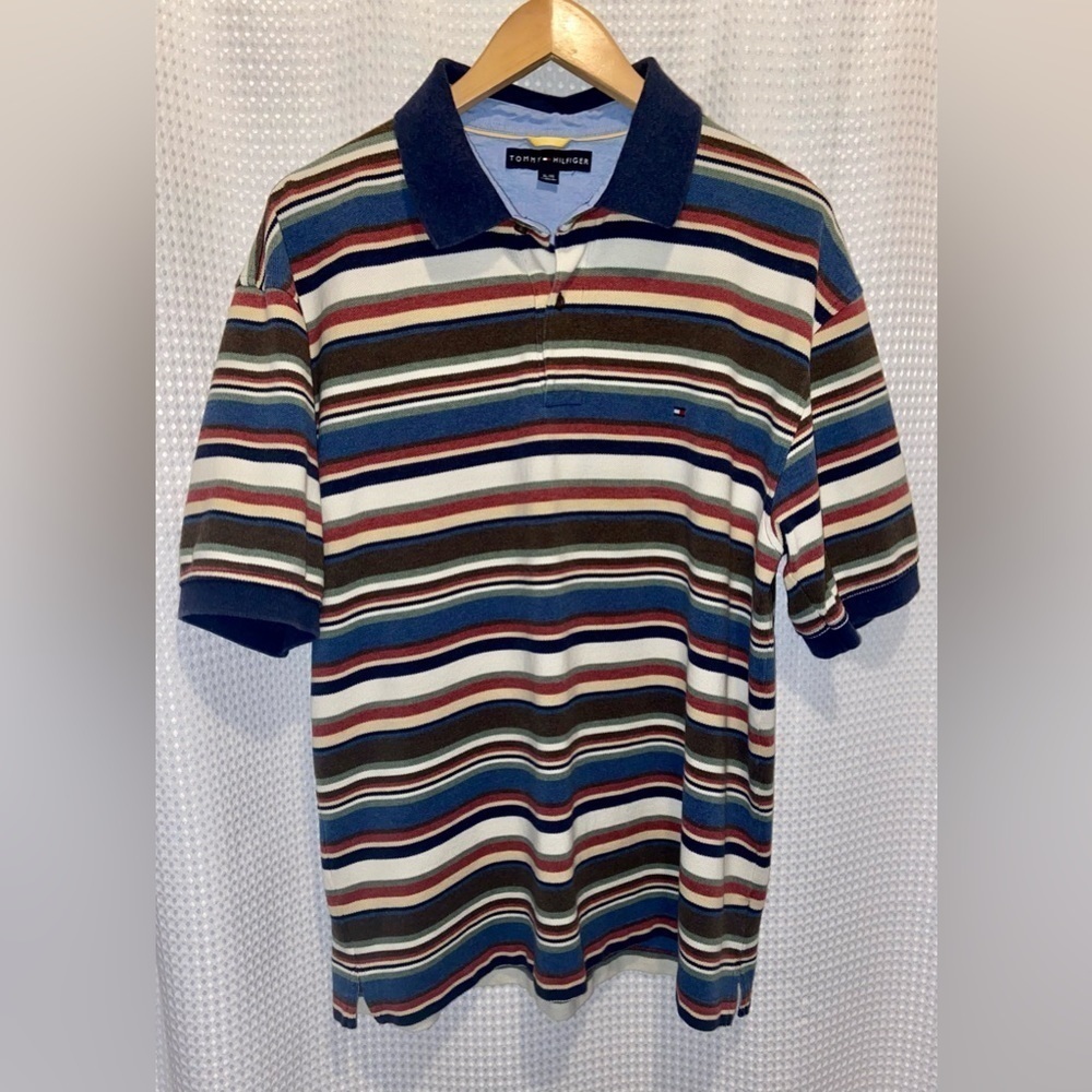 2/30$ Men’s Vintage Tommy Hilfiger knitted striped 100% cotton‎ Polo size XL